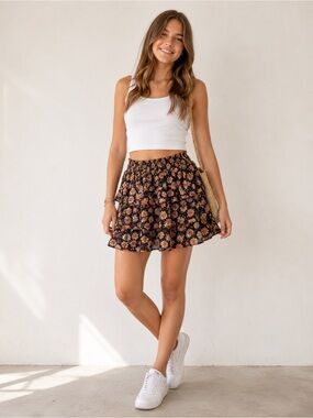 Agua Floral Smocked Tiered Mini Skirt - Black Floral